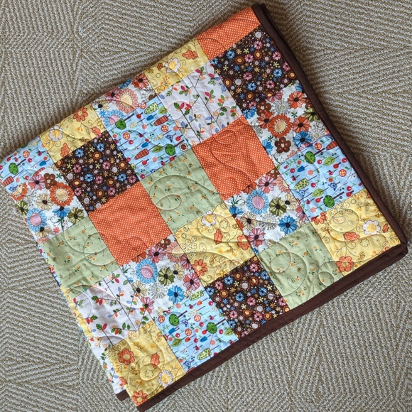 Hand Crafted Other - New Handmade Lap Quilt Baby Quilt Florals in Brown, Yellow, Orange, Blue, Green